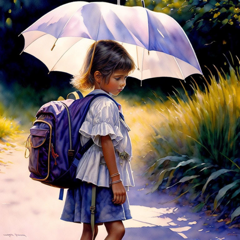 Young girl in blue dress with backpack and umbrella on sunlit path surrounded by greenery