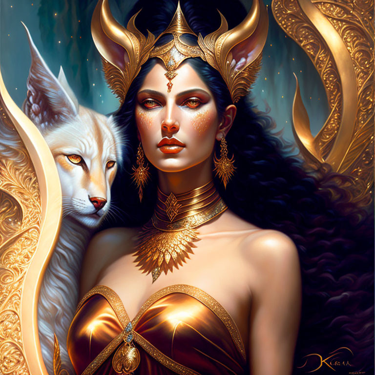 Woman with horned headdress and white wolf in mystical setting