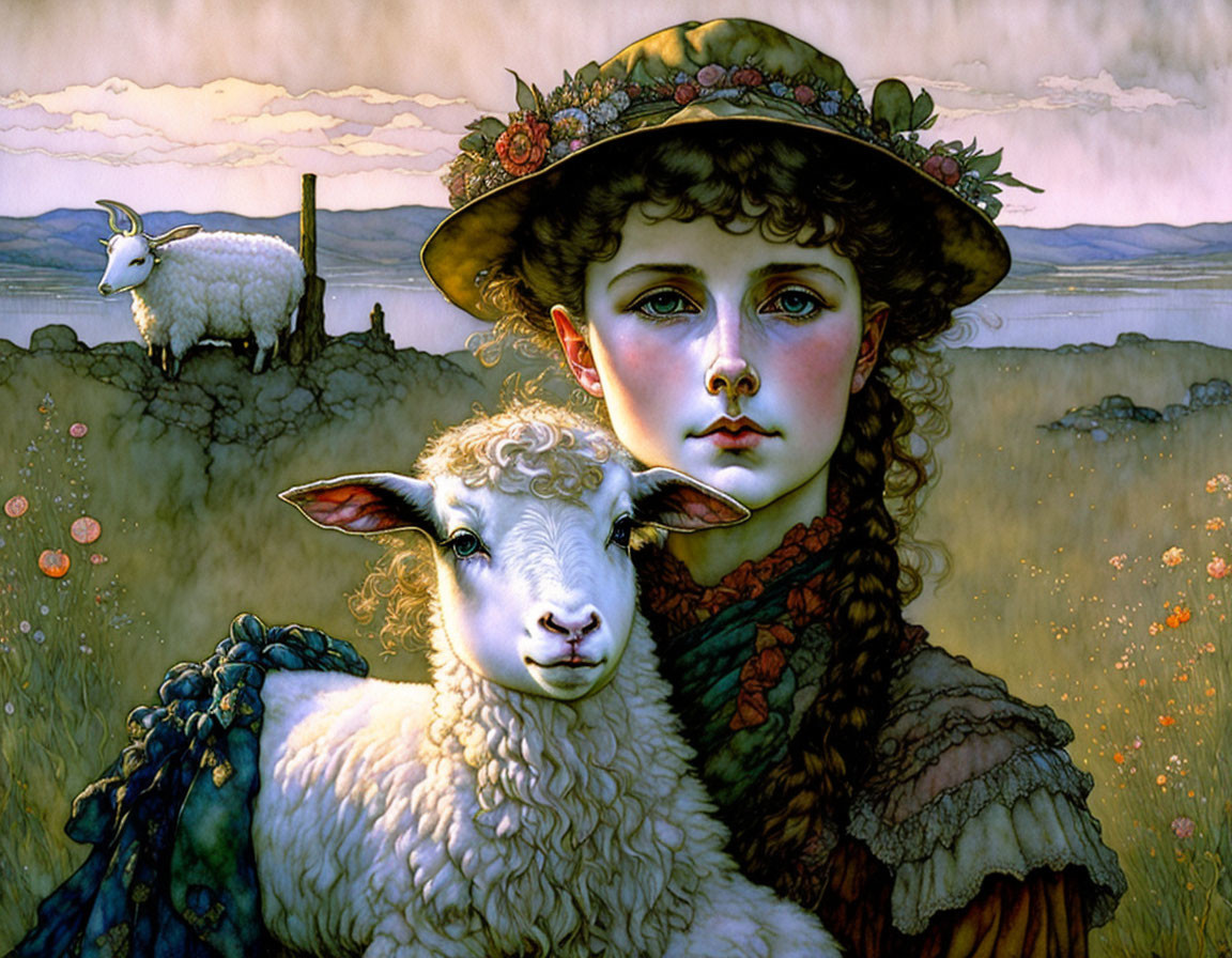 Illustration of girl in vintage attire with lamb in pastoral scene