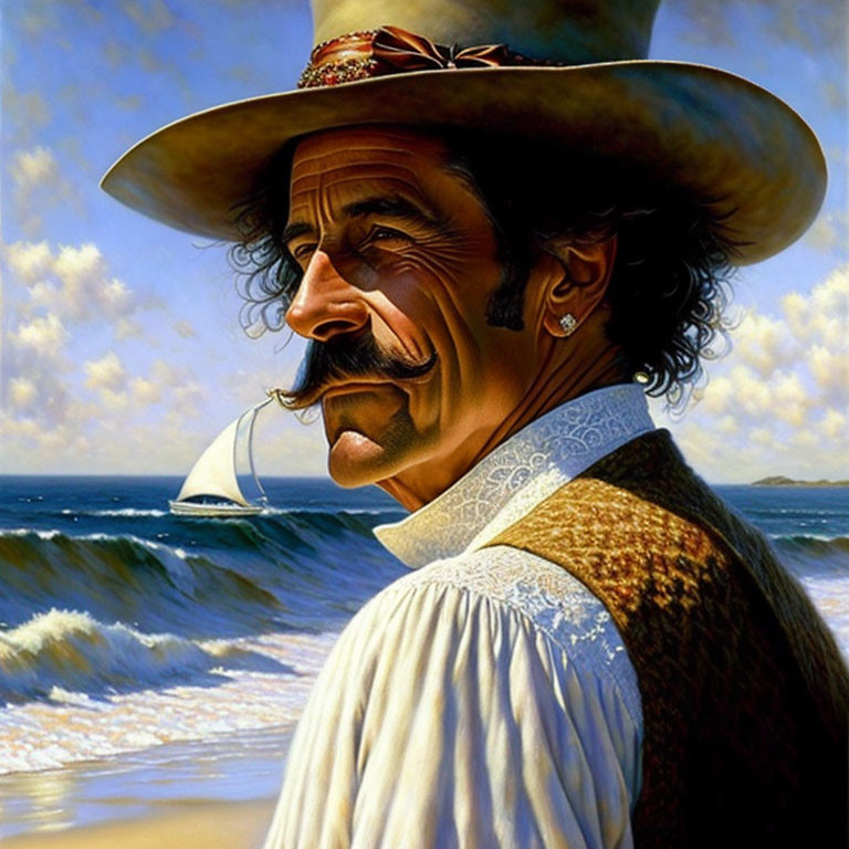 Portrait of a Mustachioed Man in Wide-Brimmed Hat Gazing at Distant S