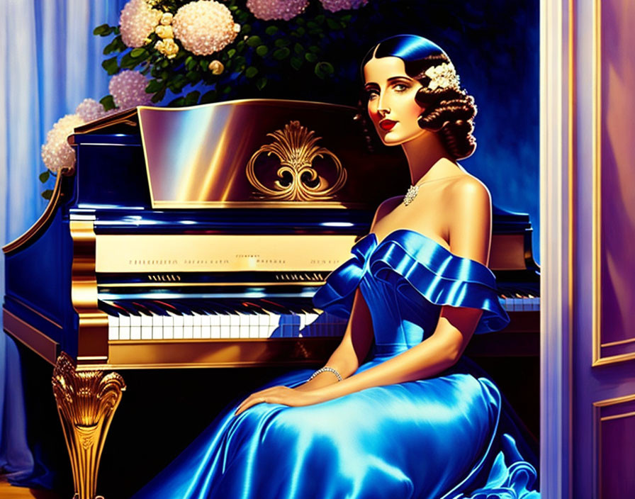 Elegant woman in blue satin gown by grand piano with flowers