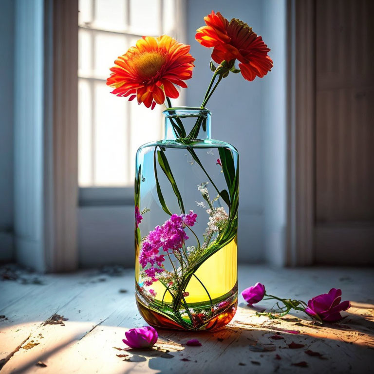 Transparent Vase with Colorful Flowers on Wooden Surface in Sunlight