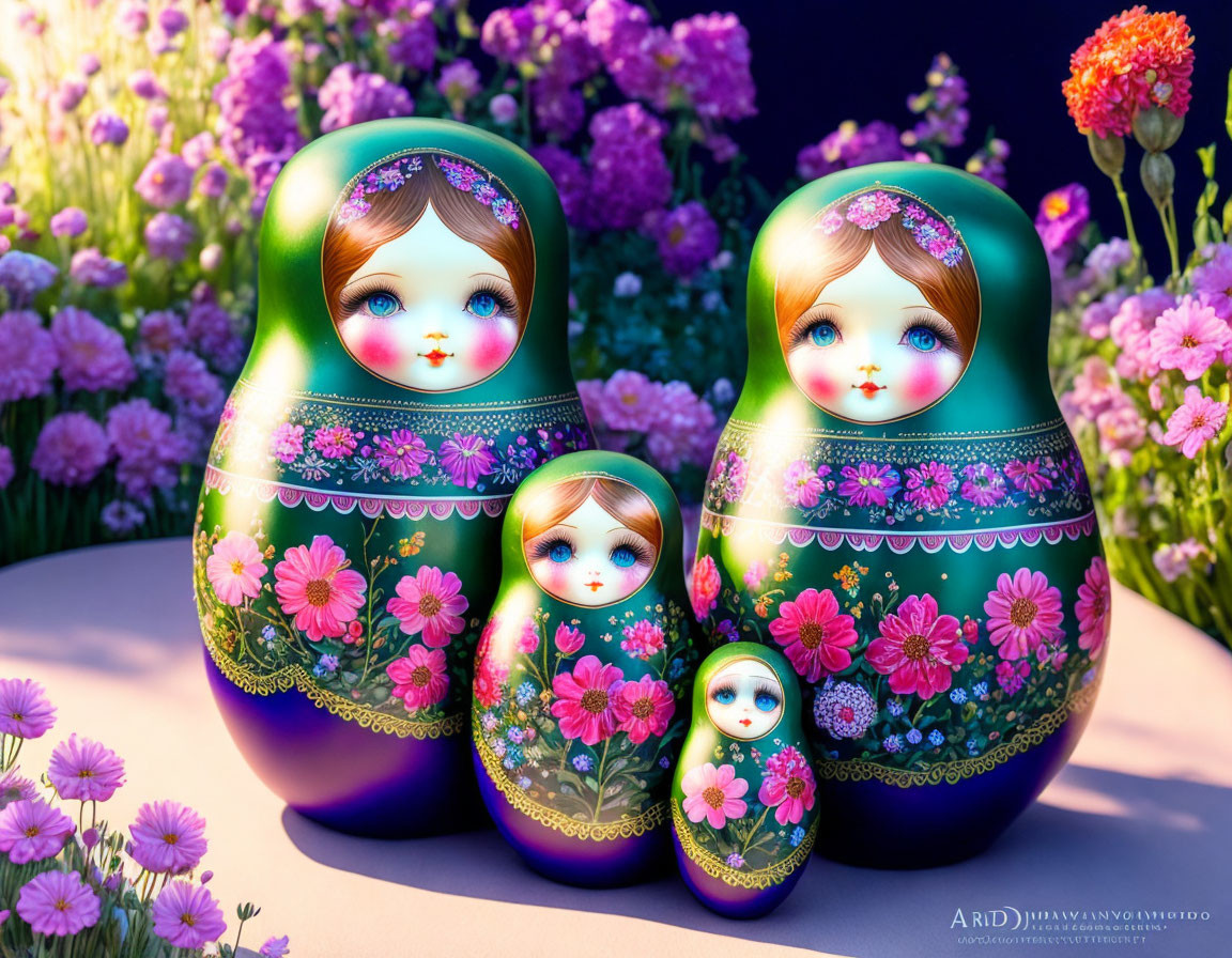 Colorful Matryoshka Dolls with Floral Patterns Among Blooming Flowers