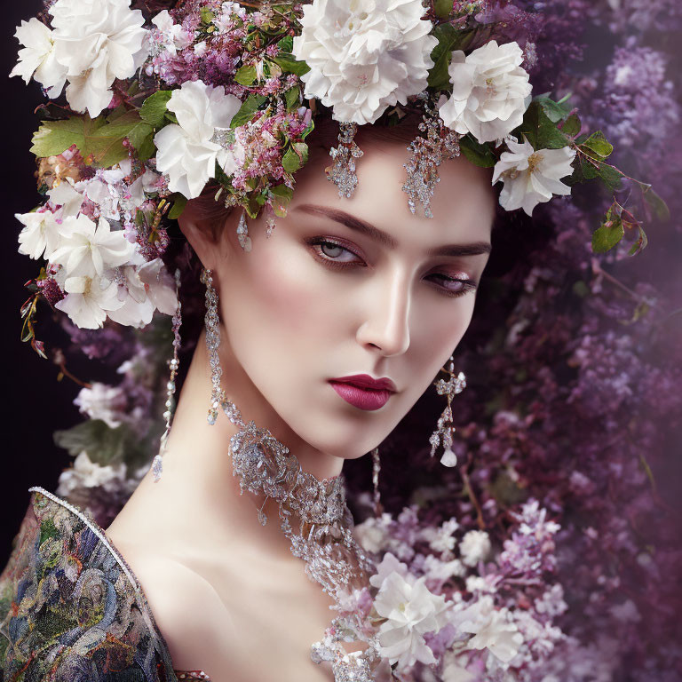 Woman with floral wreath and jewelry in purple flower setting