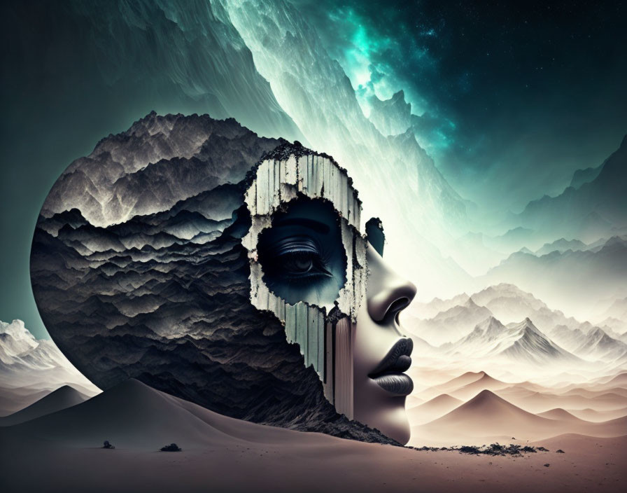 Mountainous Profile Resembling Human Face in Surreal Landscape