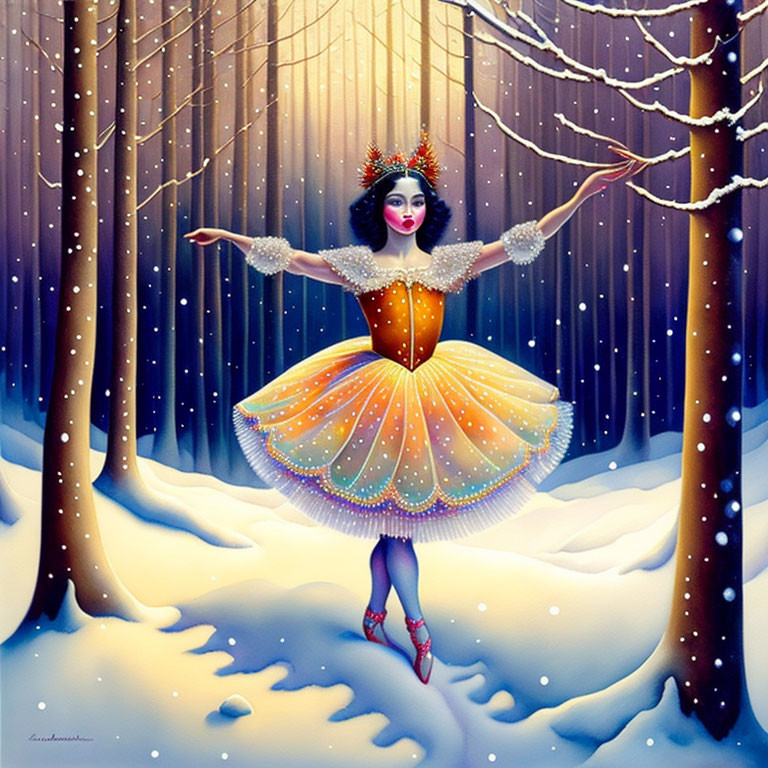 Ballerina in vibrant costume in snowy forest at twilight