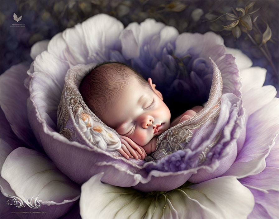 Newborn sleeping in large purple flower with intricate textures