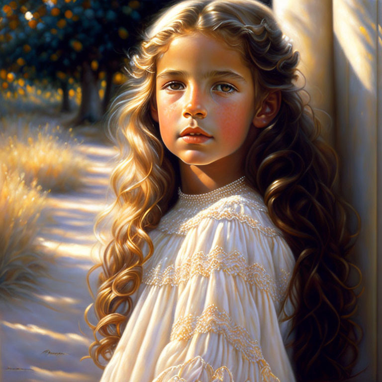 Young girl with long, curly hair in white dress standing outdoors in sunlight.