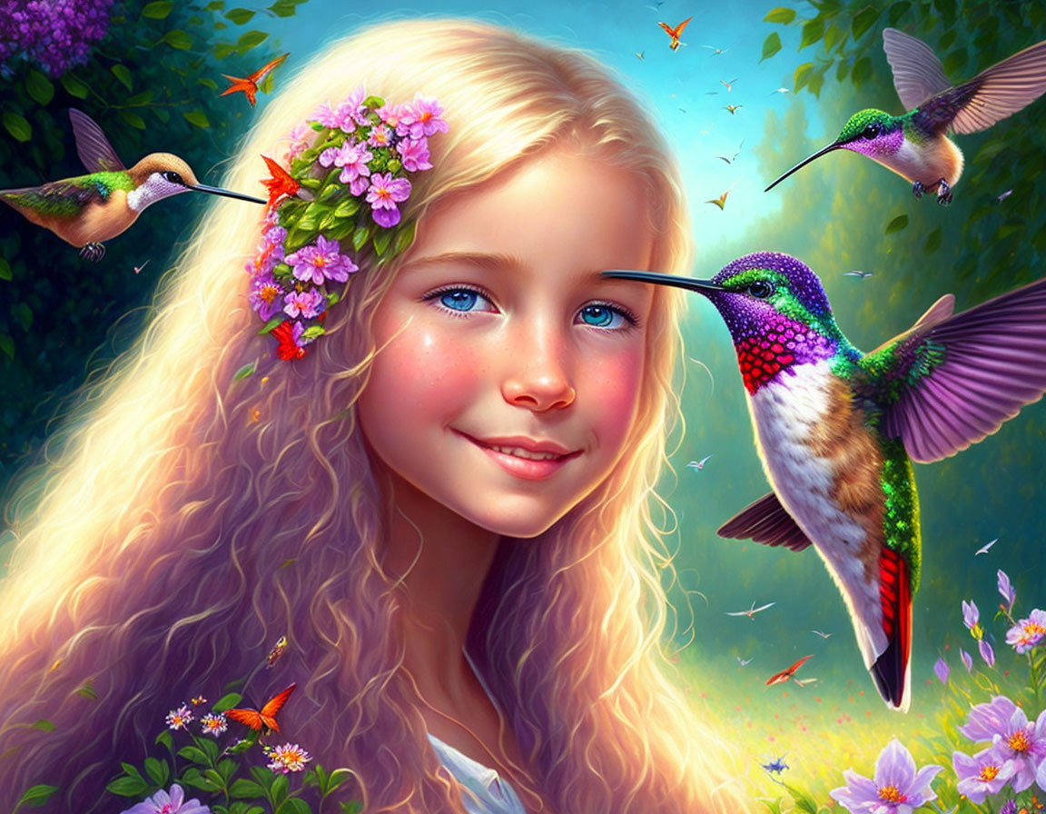 Smiling young girl with blonde hair and hummingbirds in enchanted forest