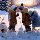 Children in winter clothes with snowballs in snowy landscape, cat watching