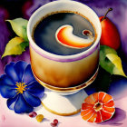 Surreal painting: coffee cup with moon crescent, fruits, flowers, coffee beans