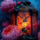 Ornate lantern with lit candle and vibrant peonies on blue background