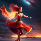 Woman in red dress dancing on beach at twilight with fiery hair and dress under dramatic sky.