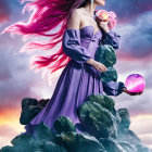 Woman in purple gown holds glowing orb on jagged rocks with pink cloud-scape.