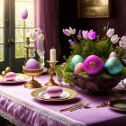 Pastel Easter table setting with floral arrangements, gold accents, and lit candle