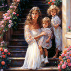 Woman and two girls in floral crowns and ethereal dresses on flower-lined staircase