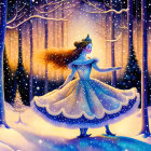 Girl in white dress dances in snowy forest at night with smaller figure, surrounded by glistening trees and