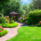 Tranquil garden path with vibrant flowers and classic birdbath