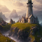 Fantasy landscape with lighthouse, bridge, cottage, and misty mountains