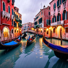 Gondolas on Venice Canal with Bridge and Red Buildings at Twilight