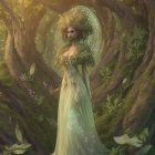 Forest Nymph in Leaf Dress Surrounded by Sunlit Woodland