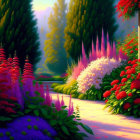 Colorful Flower Garden Leading to Castle at Sunset