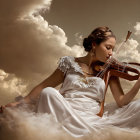 Woman in white dress with angel wing holding lyre against cloudy sky