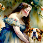 Portrait of woman in blue floral dress with earrings, headband, and dog