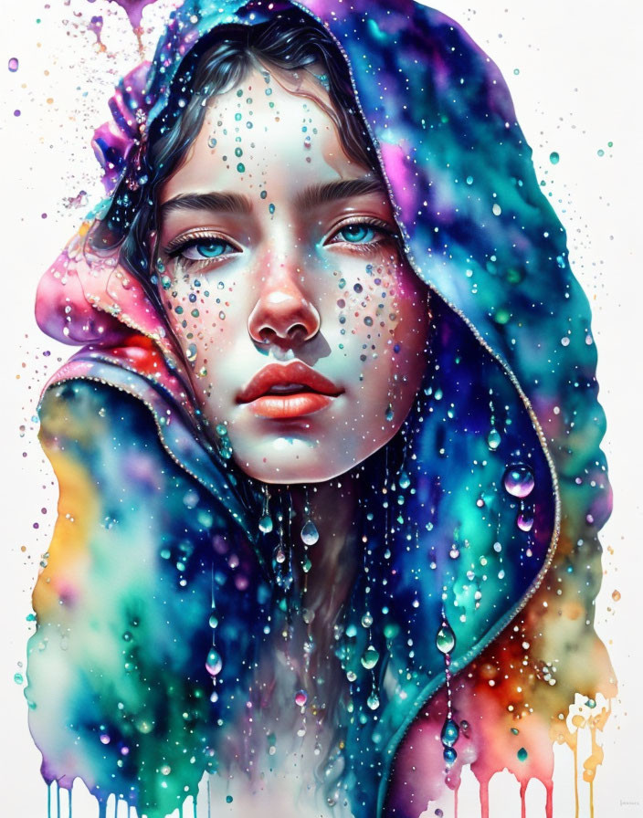 Multicolored hooded woman with intense blue eyes and water droplets