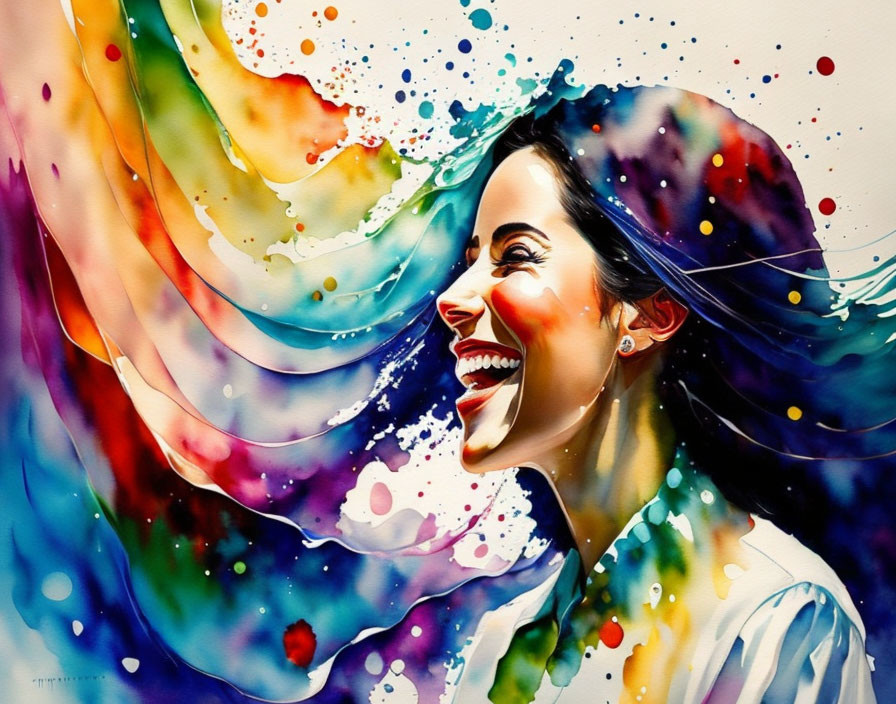 Colorful Watercolor Painting of Smiling Woman