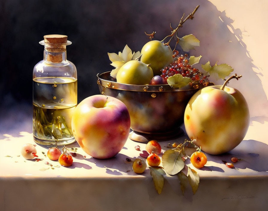 Classic still-life painting with glass bottle, brass bowl, fruit on table