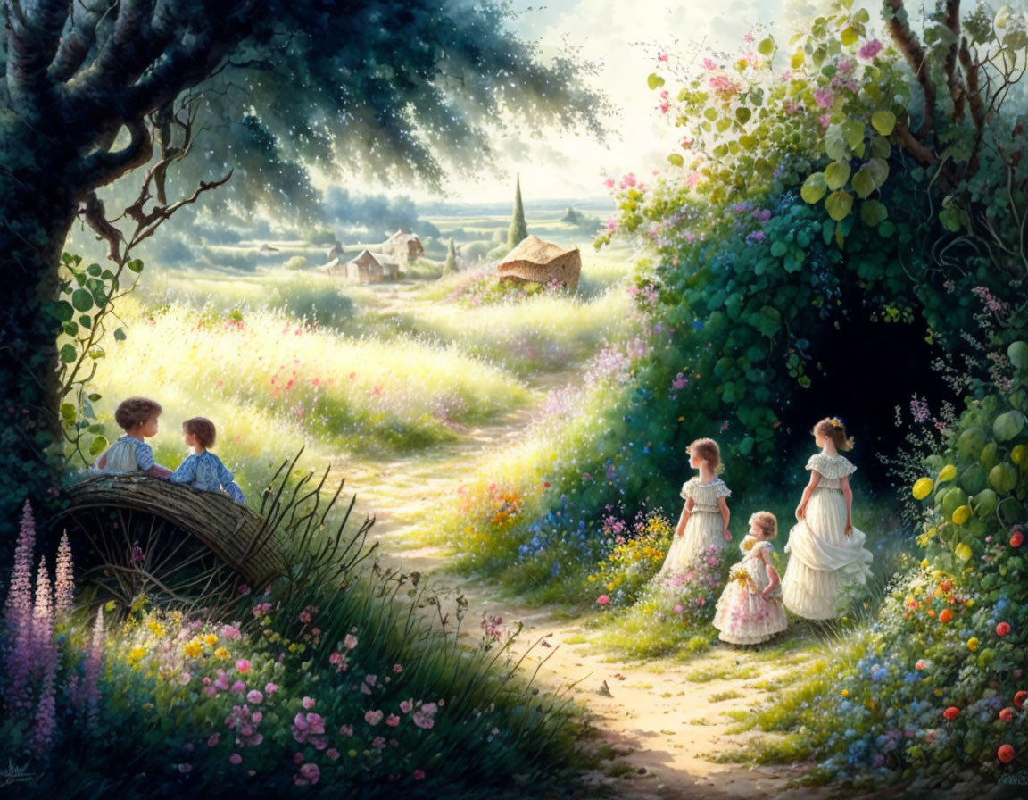 Children in vintage clothing playing in sunlit countryside with flowers, bridge, and cottage.