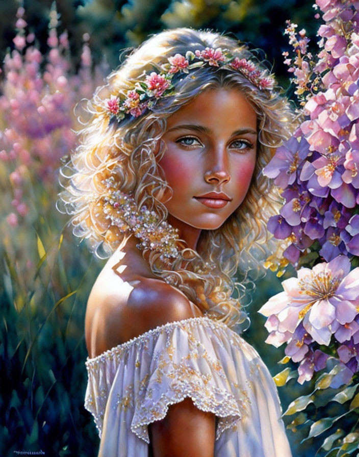 Young woman with floral wreath in blonde hair amidst purple blooms in garden