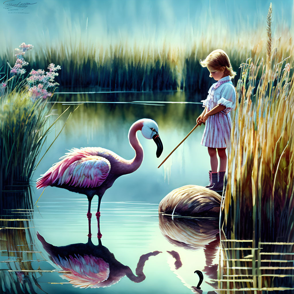 Child and flamingo by tranquil lake with reflections and tall reeds.