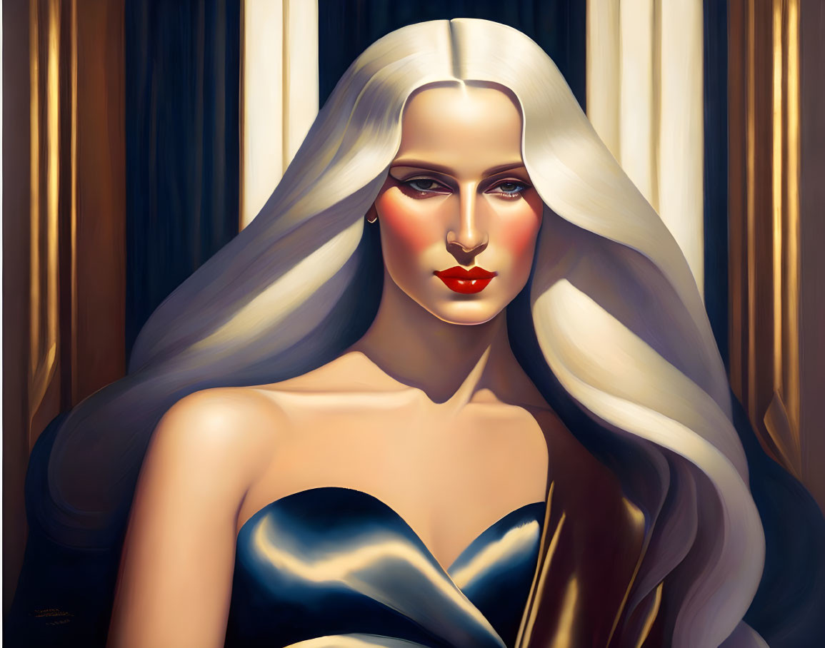 Illustrated portrait of woman with platinum blonde hair and red lips in blue gown against golden curtains