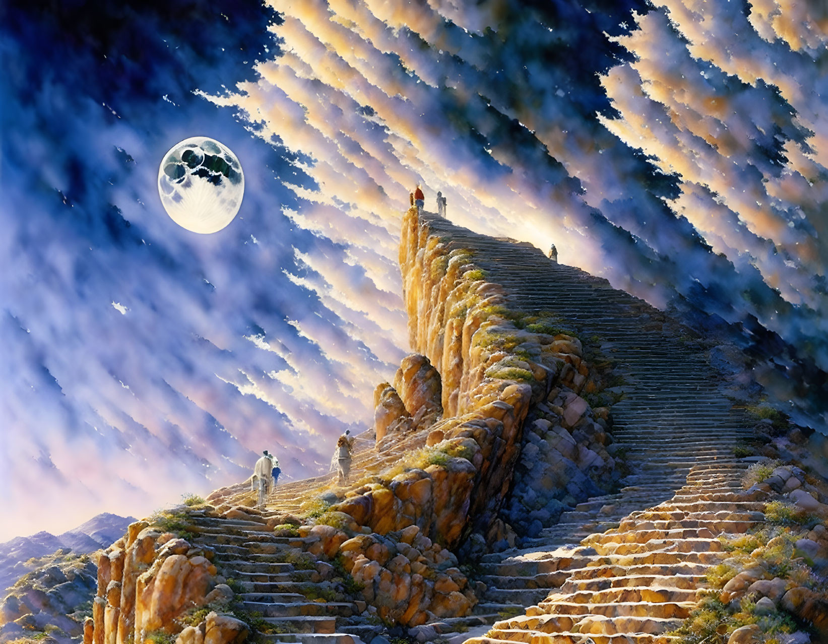 People ascending monumental stone staircase under luminous full moon