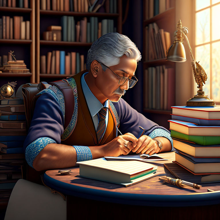 Elderly man writing in book at desk with stacks of books, lamp, quill