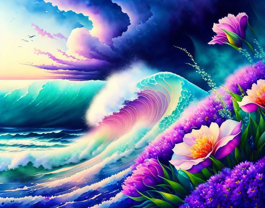 Colorful wave crashing with flowers under dramatic sky