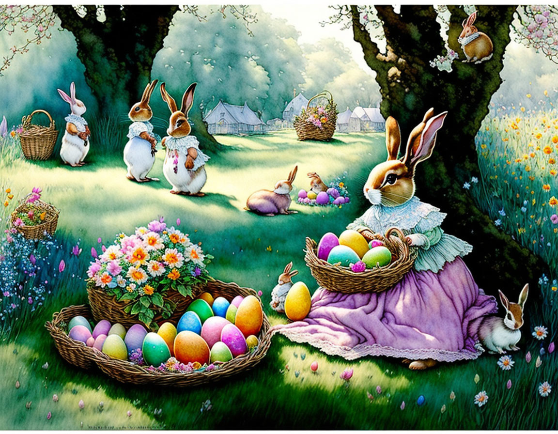 Anthropomorphic rabbits in sunny meadow with Easter eggs and flowers near cottage