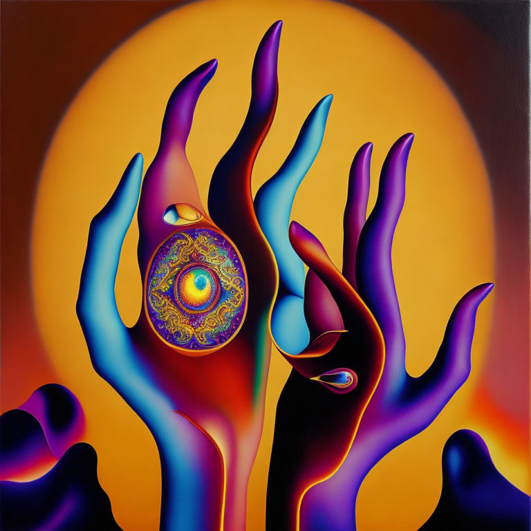 Vibrant surreal painting: colorful hands, central eye motif, warm glowing sunset backdrop