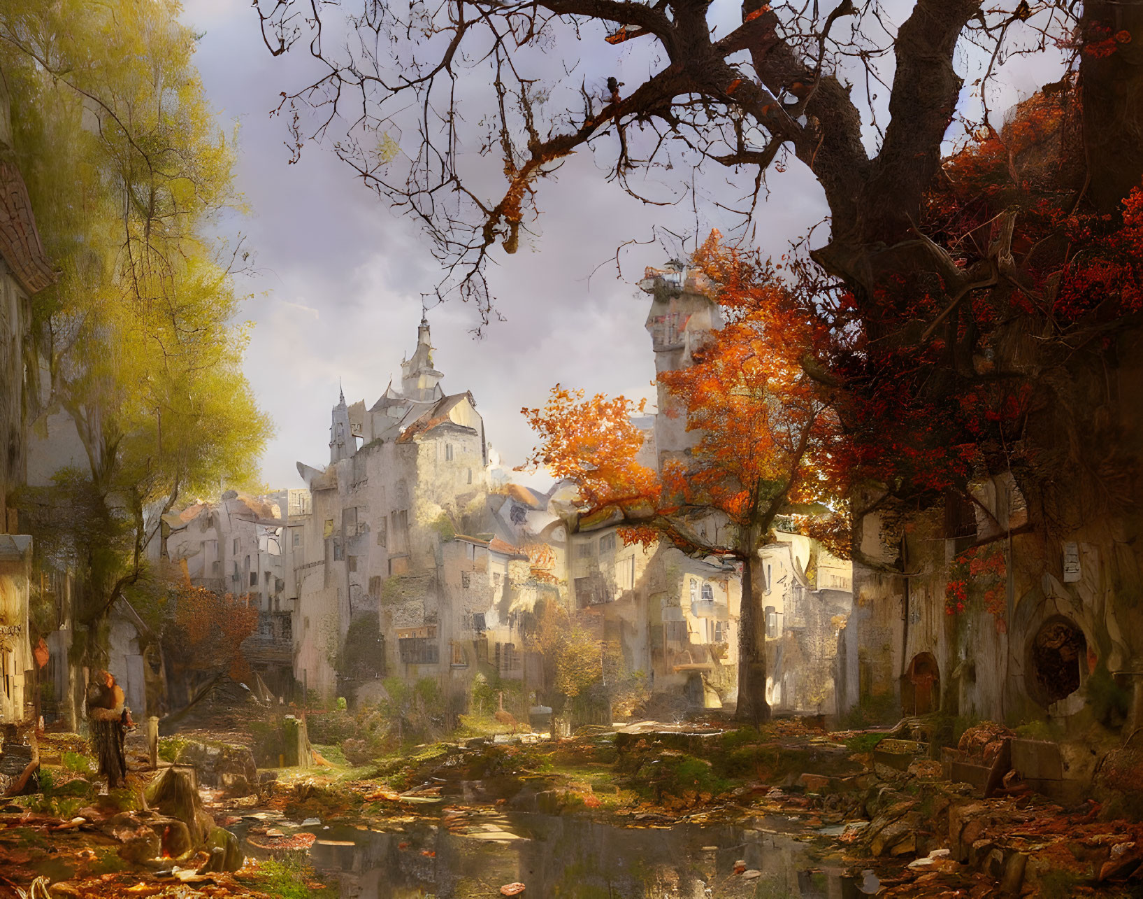 Medieval village with castle and autumn trees by tranquil river