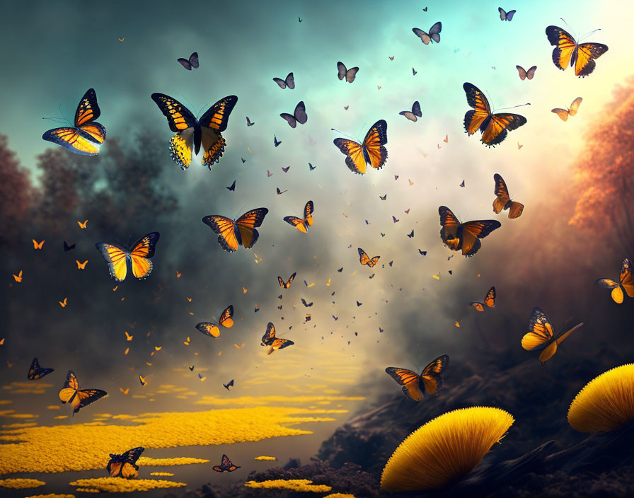 Vibrant orange and black butterflies over sunset landscape