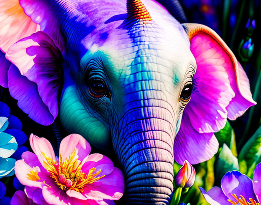 Colorful Rainbow Elephant Surrounded by Vibrant Flowers