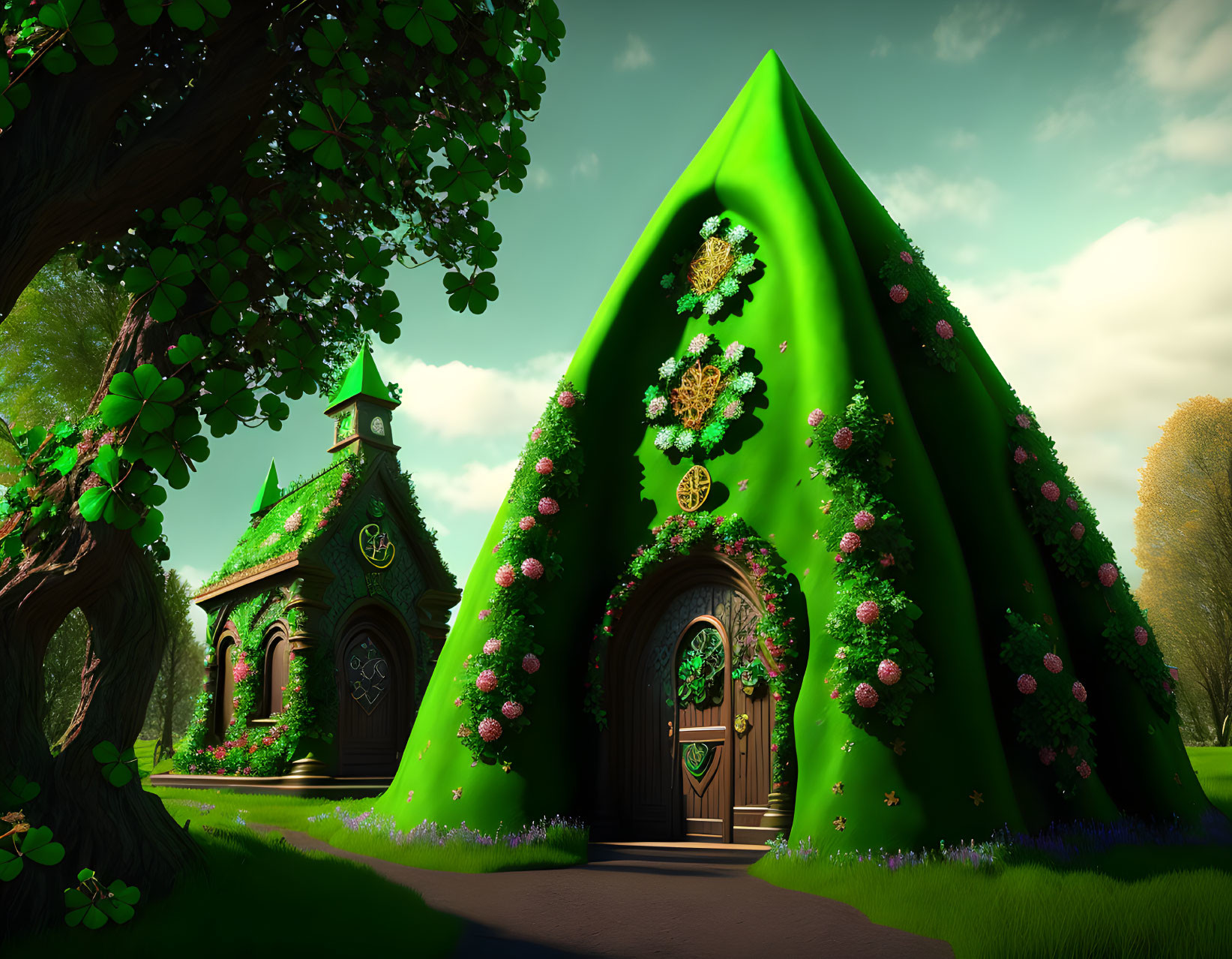 Green leaf-shaped house with flower decorations in fantasy garden