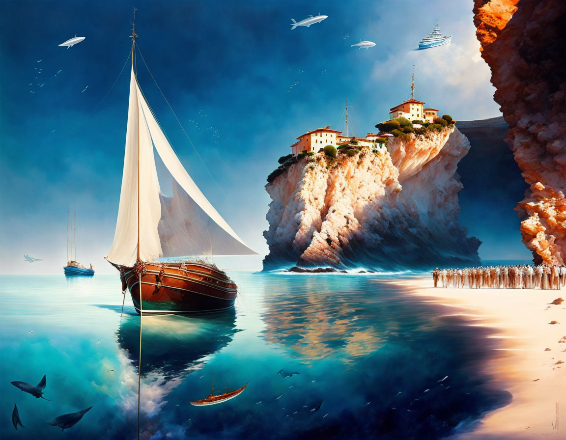 Surreal seascape: sailboat, cliff, fish, birds in dreamlike scene