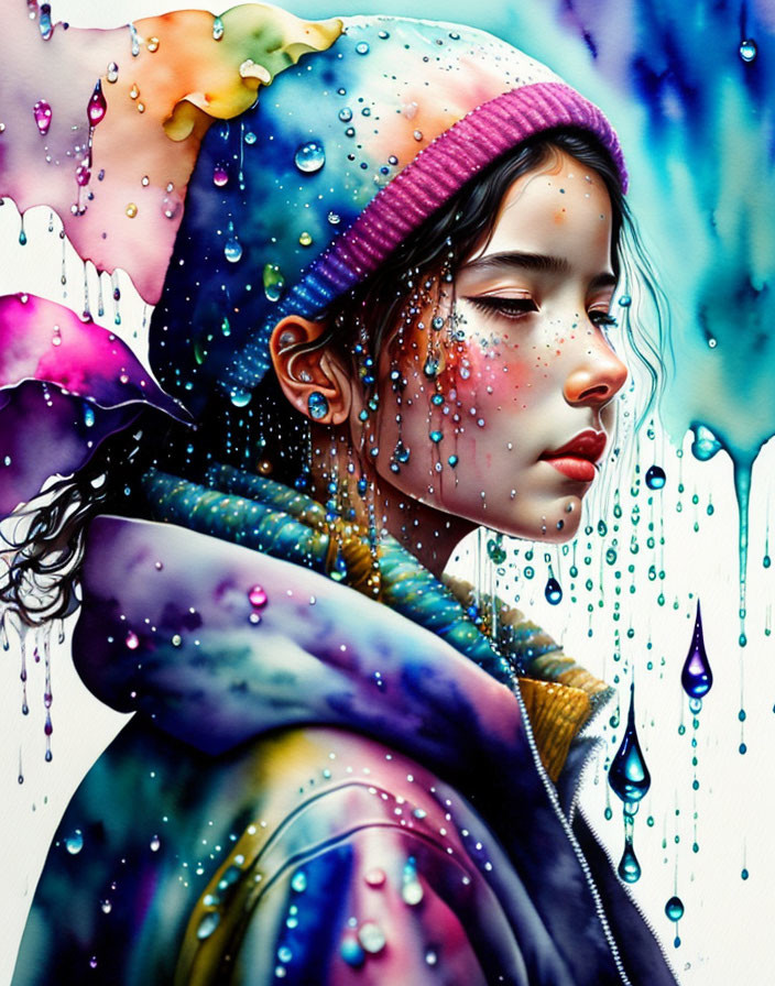 Colorful portrait of a girl with dripping paint and water droplets