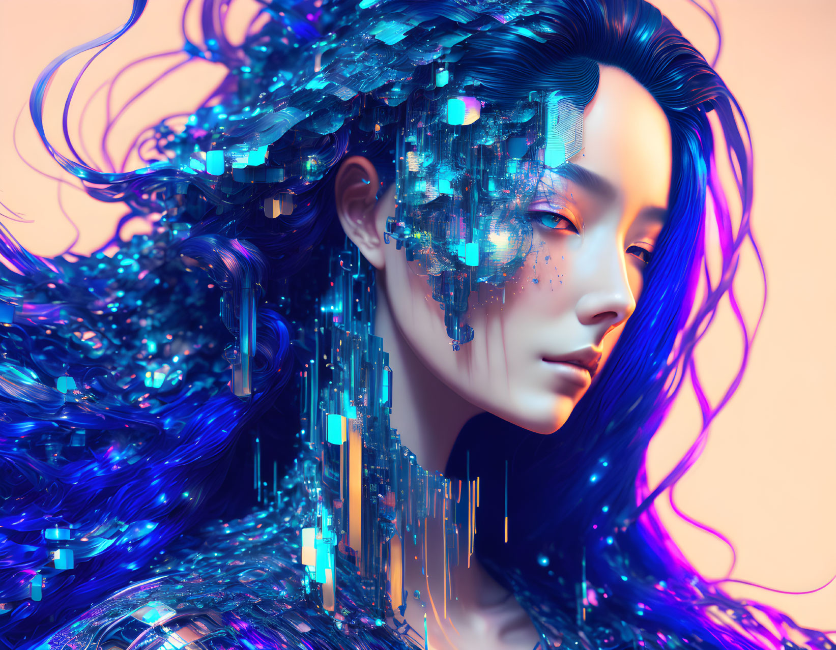 Digital artwork: Woman with flowing hair and glowing blue elements on warm background