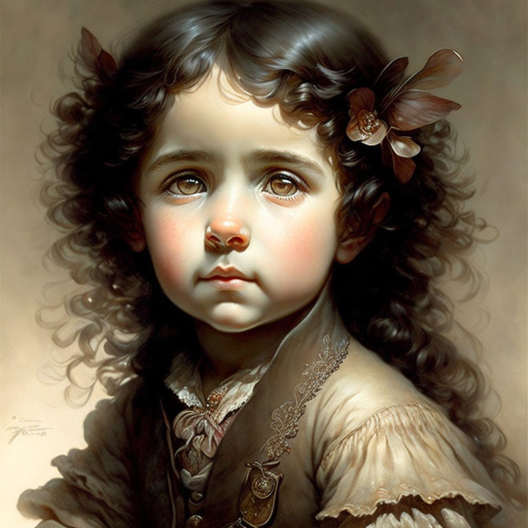 Detailed Painting of Young Child with Curly Hair and Brown Dress