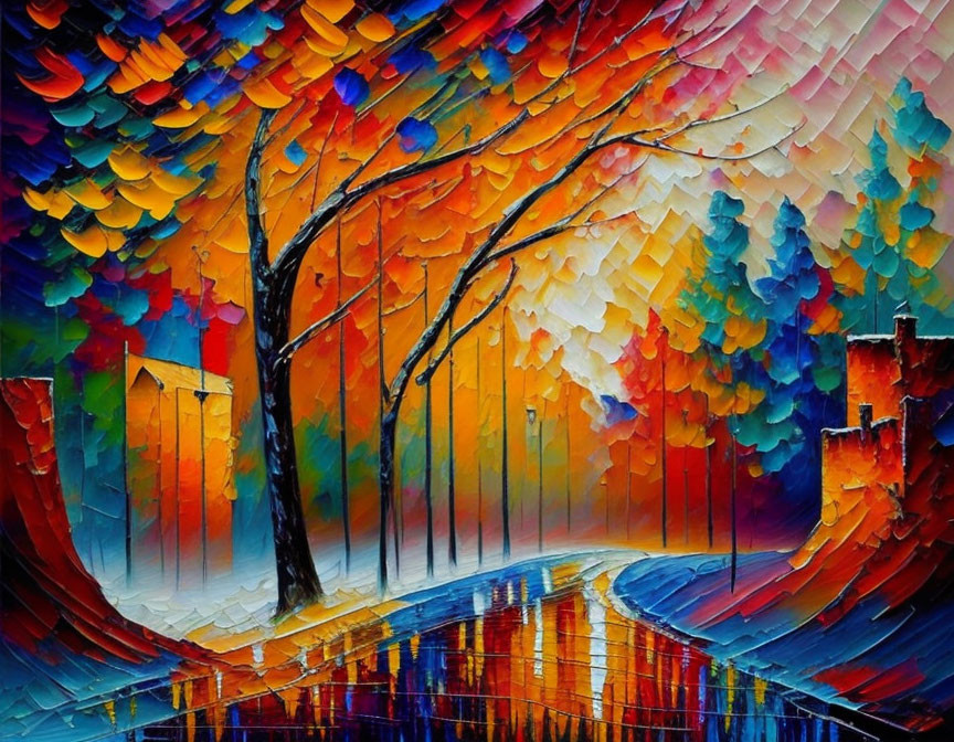 Colorful Tree Painting with Mosaic Canopy and Abstract Buildings