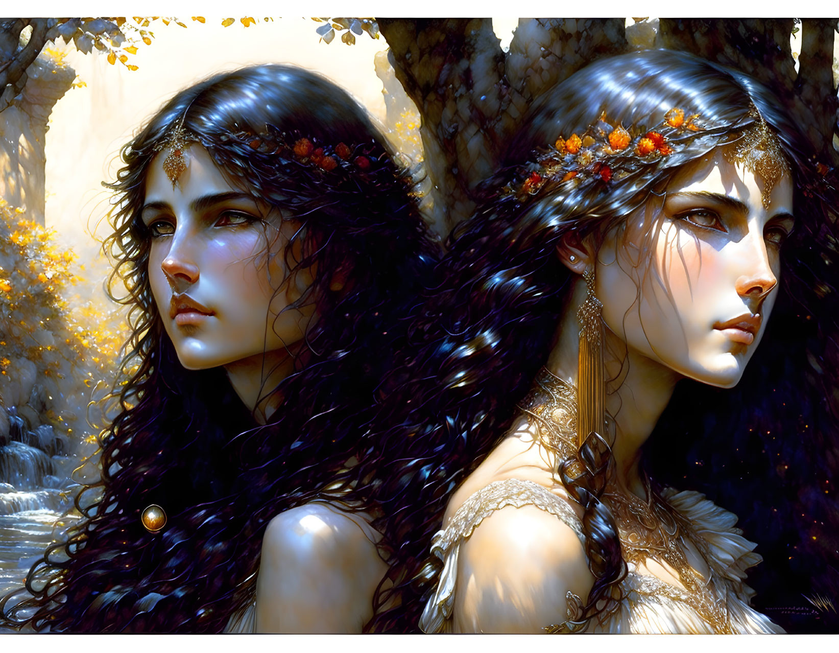 Ethereal women with dark hair in autumnal forest setting